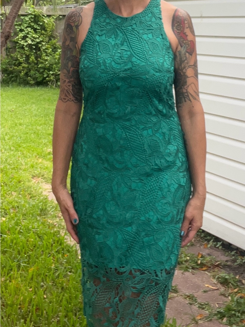 bebe Emerald Green Lace Midi Dress
